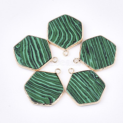 Synthetic Malachite Pendants, with Brass Findings, Hexagon, Golden, 30~31x24~25x2~3mm, Hole: 2mm(G-S344-89B)