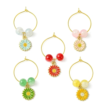 Alloy Enamel Flower Wine Glass Charms, with Glass Beads and Brass Wine Glass Charm Rings, Mixed Color, 49mm