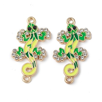 Alloy Enamel Connector Charms, Lizard Links with Crystal Rhinestone, Light Gold, Cadmium Free & Nickel Free & Lead Free, Green, 30x16x2mm, Hole: 1.6mm