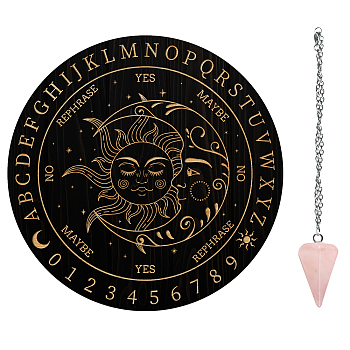 AHADEMAKER 1Pc 304 Stainless Steel Cable Chain Necklaces, with Lobster Claw Clasp and Extend Chains, with 1Pc Natural Rose Quartz Stone Pendants, 1Pc Carved Wooden Pendulum Boards, Sun Pattern, 3pcs/set