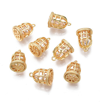 Brass Clear Cubic Zirconia Charms, Cadmium Free & Nickel Free & Lead Free, Cage, Real 18K Gold Plated, 13x9mm, Hole: 1.2mm