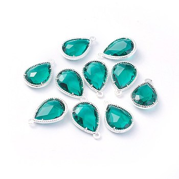 Glass Pendants, with Eco-Friendly Alloy Open Back Berzel Findings, Faceted, teardrop, Silver Color Plated, Teal, 18x12x5mm, Hole: 1.4mm