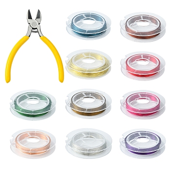 10 Rolls 10 Color Copper Jewelry Wire, with #50 Steel(High Carbon Steel) Side Cutting Pliers, Mixed Color, 0.3mm, about 32.8 Feet(10m)/roll, 1 Roll/color