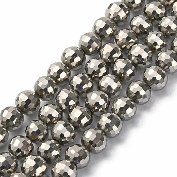 Electroplate Glass Beads Strands, Full Plated, Faceted, Round, Platinum Plated, 6mm, Hole: 1mm, about 100pcs/strand, 21 inch