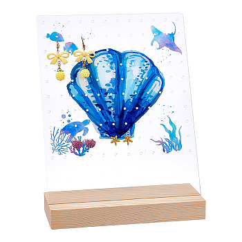 Transparent Acrylic Earring Displays, Earring Stud Organizer Holder with Wooden Pedestal, Rectangle, Royal Blue, Shell Pattern, Finish Product: 18.1x20x26cm, about 2pcs/set