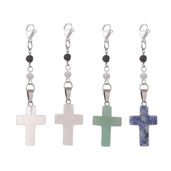 Cross Mixed Gemstone Pandant Decorations, with Polymer Clay Rhinestone Beads and 304 Stainless Steel Lobster Claw Clasps, 75mm