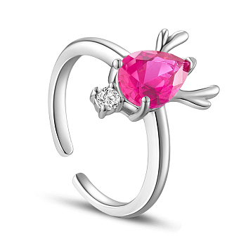 SHEGRACE Rhodium Plated 925 Sterling Silver Cuff Rings, Open Rings, Deer with AAA Cubic Zirconia, Hot Pink, 18mm