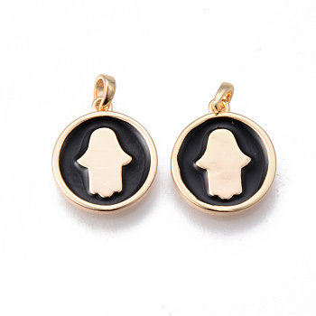 Brass Enamel Charms, Nickel Free, Flat Round with Hamsa Hand/Hand of Fatima/Hand of Miriam, for Religion, Real 18K Gold Plated, Black, 14.5x12.5x2mm, Hole: 3x2mm