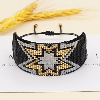 Miyuki Glass Seed Braided Bead Bracelet, Spark Star Friendship Bracelet for Women, Black, 11 inch(28cm)