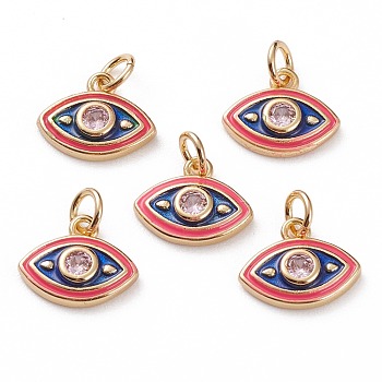 Brass Micro Pave Clear Cubic Zirconia Charms, with Enamel & Jump Rings, Eye, Real 18K Gold Plated, Light Coral, 10x12x3mm, Jump Ring: 5x1mm, 3mm Inner Diameter