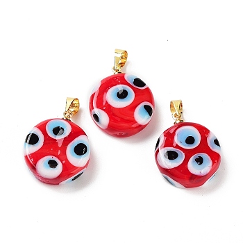 Handmade Evil Eye Lampwork Pendants, with Rack Plating Brass Findings, Long-Lasting Plated, Lead Free & Cadmium Free, Flat Round, Red, 19.5x16x6mm, Hole: 4.2x3.8mm