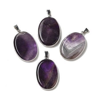 Natural Amethyst Pendants, Oval Charms with Platinum Plated Metal Findings, 39.5x26x6mm, Hole: 7.6x4mm