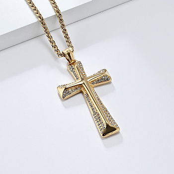 Cross Stainless Steel Crystal Rhinestone Pendant Necklaces, Golden, 23.62 inch(60cm)