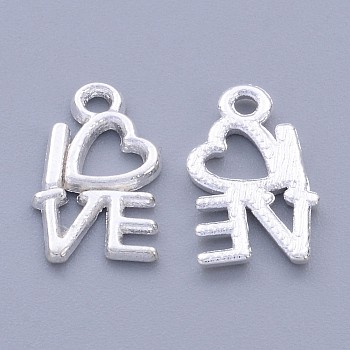 For Valentine's Day Tibetan Style Alloy Pendants, Lead Free, Nickel Free and Cadmium Free, Heart with Love, Silver Color Plated, 14.5x8mm, Hole: 1mm