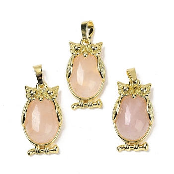 Natural Rose Quartz Pendant, with Brass Findings,  Lead Free & Cadmium Free, Long-Lasting Plated, Owl, 28.5x15.5x7mm, Hole: 5x8mm