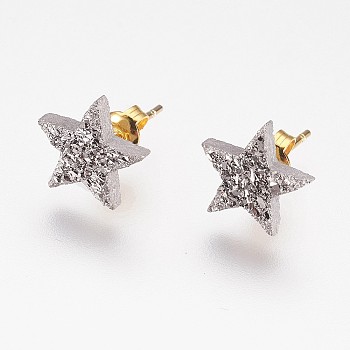 Electroplate Natural Druzy Agate Stud Earrings, with Brass Findings, Star, Platinum Plated, 10x11x3mm, Pin: 0.8mm