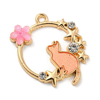 Alloy Enamel Pendants, with Rhinestone, Golden, Ring with Flower Charm, Cat Shape, 25x22.5x3mm, Hole: 1.8mm