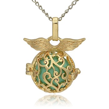 Golden Tone Brass Hollow Round Cage Pendants, with No Hole Spray Painted Brass Ball Beads, Medium Turquoise, 26x26x19mm, Hole: 3x8mm
