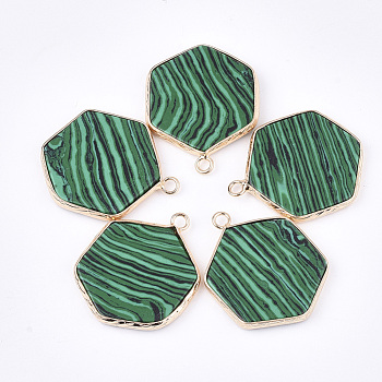 Synthetic Malachite Pendants, with Brass Findings, Hexagon, Golden, 30~31x24~25x2~3mm, Hole: 2mm