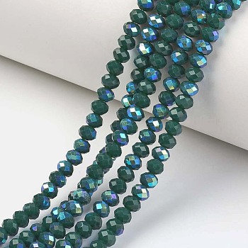 Electroplate Opaque Solid Color Glass Beads Strands, Half Rainbow Plated, Faceted, Rondelle, Teal, 3.5~3.8x3mm, Hole: 0.4mm, about 113~115pcs/strand, 32~33cm