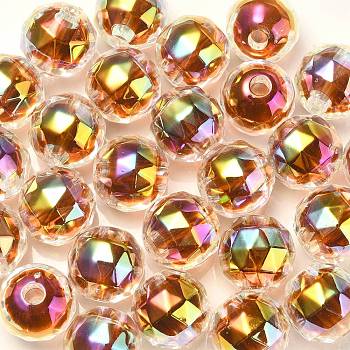 Two Tone UV Plating Rainbow Iridescent Acrylic Beads, Faceted, Round, Coffee, 15x15.5mm, Hole: 3.8mm