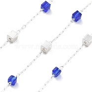 Handmade Brass & Glass Bead Chains, for Necklaces Bracelets Making, Long-Lasting Plated, Soldered, with Spool, Blue, 2x0.8x0.3mm, about 16.40 Feet(5m)/Roll(CHC-L051-07S-01)