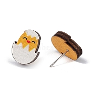 Natual Wood Easter Stud Earrings, 316 Stainless Steel Jewelry for Women, Chick Pattern, 15x11.5mm, Pin: 0.6mm(EJEW-C013-02E)