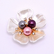 ABS Imitation Pearl Cabochons Accessories, Imitation  Shell ABS Petaline, with Crystal Glass Rhinestone and Light Gold Alloy Finding, for Jewelry Making, Flower, Colorful, 35.5x37x13.5mm(FIND-TAC0001-13A)