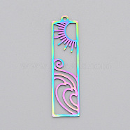 Ion Plating(IP) 201 Stainless Steel Pendants, Laser Cut, Rectangle with Sun, Rainbow Color, 41x11x1mm, Hole: 1.6mm(STAS-T056-LA515)