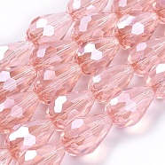 Electroplate Glass Beads Strands, Pearl Luster Plated, Faceted, Teardrop, Light Salmon, 15x10mm, Hole: 1.5mm, about 44~48pcs/strand, 25.20~28.35 inch(X-EGLA-R008-15x10mm-7)