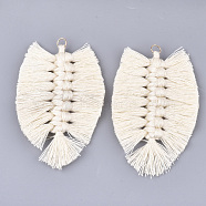 Polycotton(Polyester Cotton) Tassel Big Pendant Decorations, with Iron Findings, Light Gold, Creamy White, 83~90x55~58x7~8mm, Hole: 5mm(X-FIND-T035-02H)