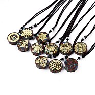 Orgonite Chakra Necklaces, Pendant Necklaces, with Natural Gemstone Chip, Nylon Thread, Brass Findings, Flat Round, 25.9 inch(66cm)x0.2cm(NJEW-P253-C)