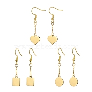 3 Pair 3 Style Heart & Flat Round & Square 304 Stainless Steel Dangle Earrings, Brass Chains Tassel Drop Earrings for Women, Golden, 45~47mm, Pin: 0.7mm, 1 Pair/style(EJEW-JE05164)