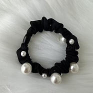Cloth Elastic Hair Accessories, with ABS Imitation Pearl Bead, for Girls or Women, Scrunchie/Scrunchy Hair Ties, Black, 60mm(OHAR-PW0007-50B)
