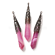 Natural Banded Agate(Dyed & Heated) Pointed Big Pendants, Faceted Bullet Charms with Brass Findings, Red Copper, Cadmium Free & Lead Free, Hot Pink, 77~84x12mm, Hole: 2.5mm(G-P560-02R-18)