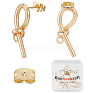 10Pcs Brass Knot Stud Earring Findings, with Horizontal Loops & Friction Ear Nuts, Real 18K Gold Plated, 22x9mm, Hole: 2mm, Pin: 0.7mm(KK-BBC0007-79)