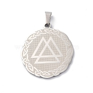 304 Stainless Steel Pendants, Flat Round with Valknut Charm, Stainless Steel Color, 33x30x1.5mm, Hole: 8x4mm(STAS-C062-07P)