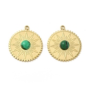 Natural Malachite Pendants, Flat Round Charms with Flower, with Vacuum Plating Real 18K Gold Plated 201 Stainless Steel Findings, 20.5x18x3.5mm, Hole: 1.5mm(STAS-J401-VC655)