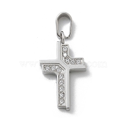 Ion Plating(IP) 304 Stainless Steel Micro Pave Cubic Zirconia Pendants, Cross Charms, Stainless Steel Color, 17.5x10x2mm, Hole: 4x2.5mm(STAS-Z107-08P-01)