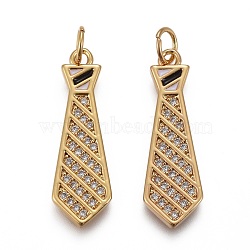 Brass Micro Pave Clear Cubic Zirconia Pendants, with Black & White Enamel and Jump Rings, Long-Lasting Plated, Tie, Real 18K Gold Plated, 24.5x7x2mm, Hole: 3mm(KK-F821-31G)