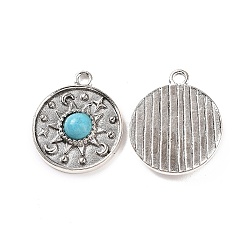 Alloy Pendants, Flat Round Charms, with Synthetic Turquoise, Antique Silver, 23x20x5mm, Hole: 2mm(FIND-C026-06AS)