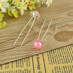 Lady's Hair Accessories Silver Color Plated Iron Rhinestone Ball Hair Forks, with ABS Imitation Pearl Beads, Pink, 77mm; 20pcs/box(PHAR-S192-07)