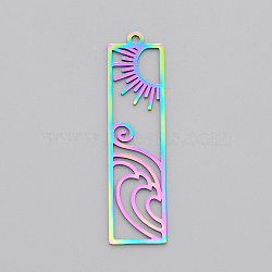 Ion Plating(IP) 201 Stainless Steel Pendants, Laser Cut, Rectangle with Sun, Rainbow Color, 41x11x1mm, Hole: 1.6mm(STAS-T056-LA515)