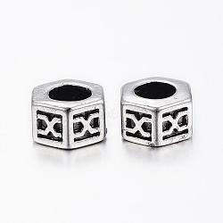 304 Stainless Steel European Beads, Large Hole Beads, Hexagon, Antique Silver, 8.5x5.5mm, Hole: 5mm(STAS-H368-28AS)