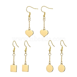 3 Pair 3 Style Heart & Flat Round & Square 304 Stainless Steel Dangle Earrings, Brass Chains Tassel Drop Earrings for Women, Golden, 45~47mm, Pin: 0.7mm, 1 Pair/style(EJEW-JE05164)