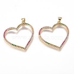 Brass Micro Pave Cubic Zirconia Pendants, Long-Lasting Plated, Heart, Colorful, Golden, 37x32x2.5mm, Hole: 5x4mm(ZIRC-G168-10G)