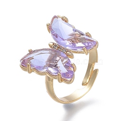 Adjustable Brass Glass Finger Rings, with Clear Cubic Zirconia, Butterfly, Golden, Lilac, Size 7, Inner Diameter: 17mm(RJEW-P148-A01-07)