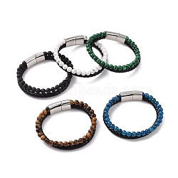 Natural Mixed Gemstone Beaded & Microfiber Leather Cord Double Layer Multi-strand Bracelet, Wristband with 304 Stainless Steel Magnetic Buckle for Men Women, 8-1/2 inch(21.6cm)(BJEW-G658-04P)