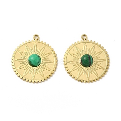 Natural Malachite Pendants, Flat Round Charms with Flower, with Vacuum Plating Real 18K Gold Plated 201 Stainless Steel Findings, 20.5x18x3.5mm, Hole: 1.5mm(STAS-J401-VC655)