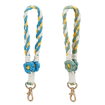 2Pcs 2 Colors Cotton Handmade Braided Wrist Lanyard Pendant Decorations, with Zinc Alloy Swivel Clasps, for Keychain Making, Mixed Color, 210x17mm, 1pc/color